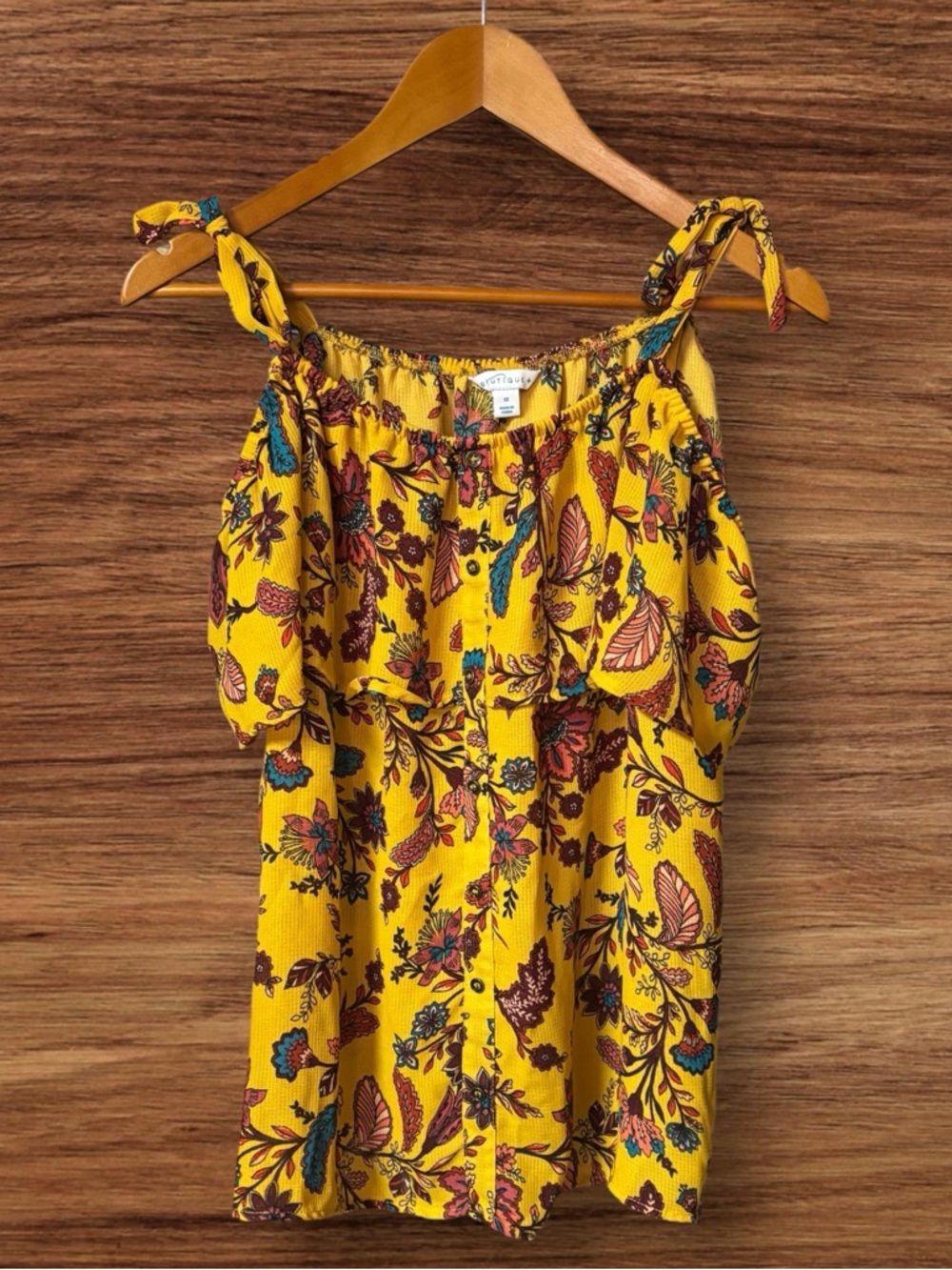 Boutique + Yellow Floral Tying Off The Shoulder Ruffle Blouse